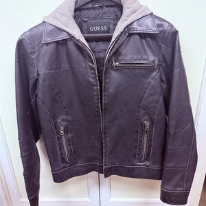 GUESS Black Leather Hooded Jacket